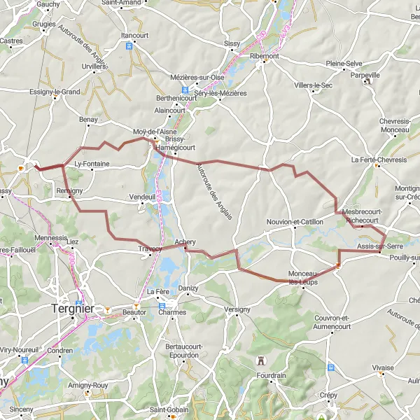 Map miniature of "Gravel Cycling: Montescourt-Lizerolles Loop" cycling inspiration in Picardie, France. Generated by Tarmacs.app cycling route planner