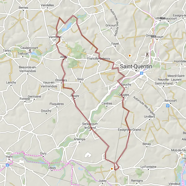 Miniature de la carte de l'inspiration cycliste "La Boucle des Châteaux et des Vallées" dans la Picardie, France. Générée par le planificateur d'itinéraire cycliste Tarmacs.app