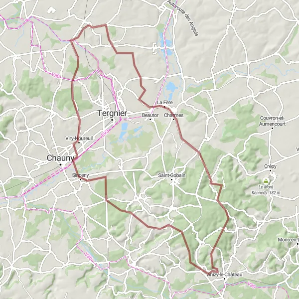 Miniature de la carte de l'inspiration cycliste "Parcours gravel autour de Montescourt-Lizerolles" dans la Picardie, France. Générée par le planificateur d'itinéraire cycliste Tarmacs.app