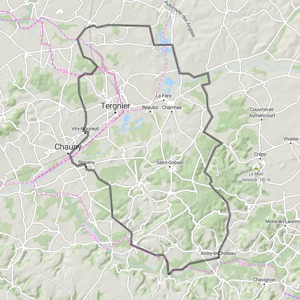 Map miniature of "Road Cycling: Montescourt-Lizerolles Grand Tour" cycling inspiration in Picardie, France. Generated by Tarmacs.app cycling route planner