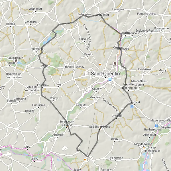 Miniature de la carte de l'inspiration cycliste "Route panoramique d'Étreillers" dans la Picardie, France. Générée par le planificateur d'itinéraire cycliste Tarmacs.app