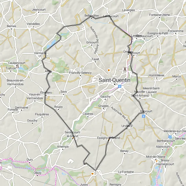 Map miniature of "Road Cycling Route from Montescourt-Lizerolles to Urvillers" cycling inspiration in Picardie, France. Generated by Tarmacs.app cycling route planner