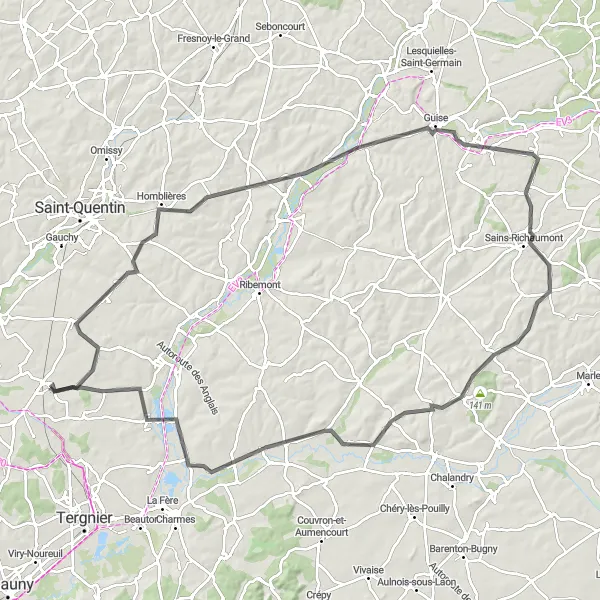Miniature de la carte de l'inspiration cycliste "Parcours panoramique d'Anguilcourt-le-Sart" dans la Picardie, France. Générée par le planificateur d'itinéraire cycliste Tarmacs.app