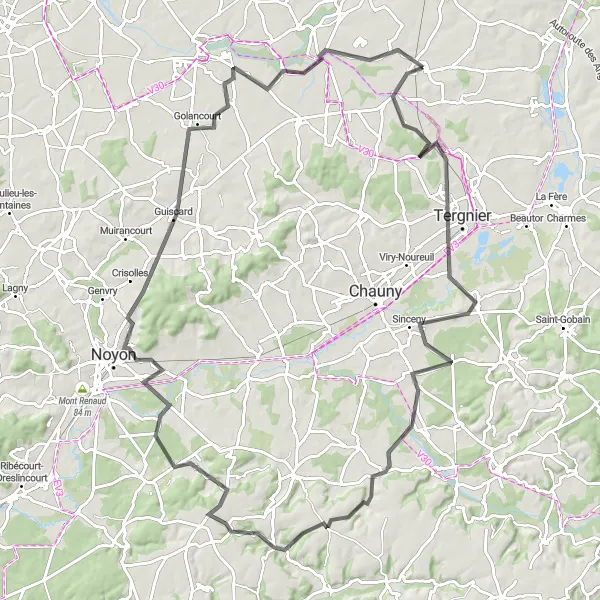 Miniature de la carte de l'inspiration cycliste "Le Tour des Vallées et des Châteaux" dans la Picardie, France. Générée par le planificateur d'itinéraire cycliste Tarmacs.app