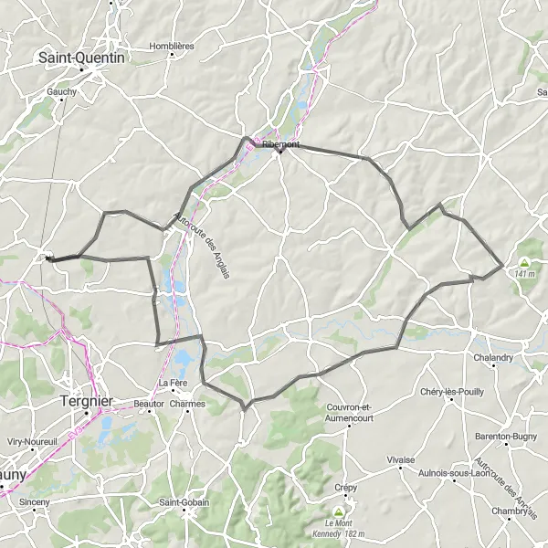 Miniature de la carte de l'inspiration cycliste "Boucle autour de Montescourt-Lizerolles" dans la Picardie, France. Générée par le planificateur d'itinéraire cycliste Tarmacs.app
