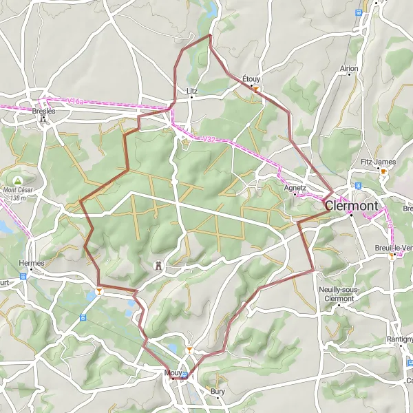Miniature de la carte de l'inspiration cycliste "Boucle d'Étouy" dans la Picardie, France. Générée par le planificateur d'itinéraire cycliste Tarmacs.app