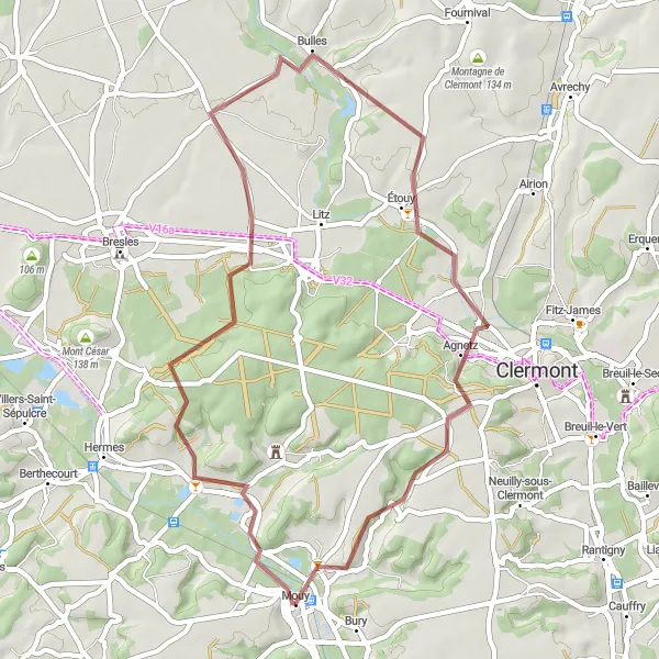 Map miniature of "Mouy Exploration" cycling inspiration in Picardie, France. Generated by Tarmacs.app cycling route planner