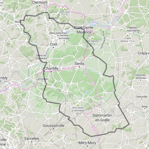 Miniature de la carte de l'inspiration cycliste "Boucle routière Angy - Cires-lès-Mello" dans la Picardie, France. Générée par le planificateur d'itinéraire cycliste Tarmacs.app