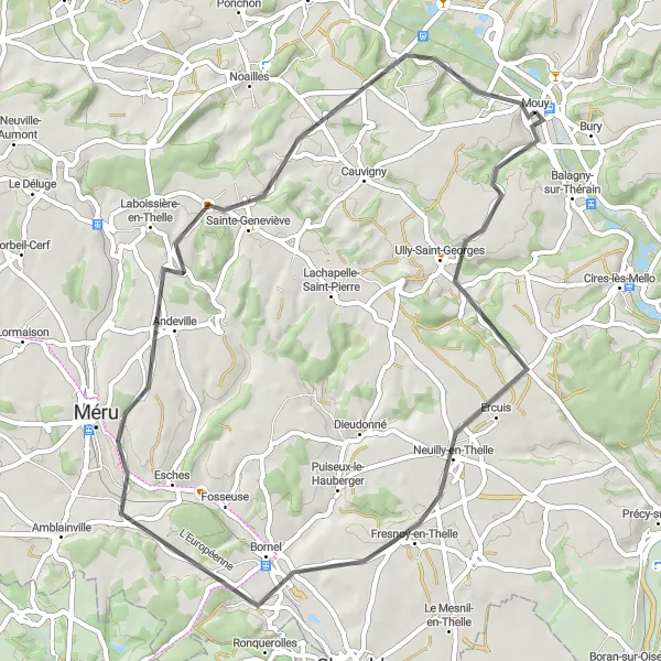 Miniature de la carte de l'inspiration cycliste "Parcours de Mouchy-le-Châtel" dans la Picardie, France. Générée par le planificateur d'itinéraire cycliste Tarmacs.app