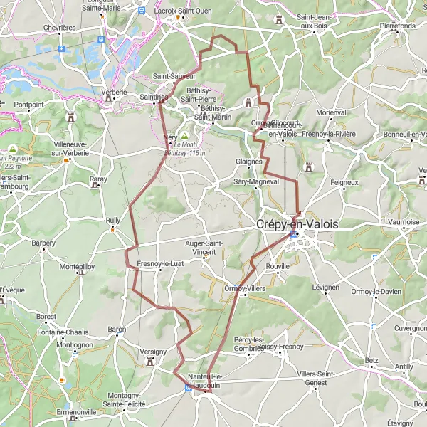 Miniature de la carte de l'inspiration cycliste "Parcours Nature autour de Nanteuil-le-Haudouin" dans la Picardie, France. Générée par le planificateur d'itinéraire cycliste Tarmacs.app