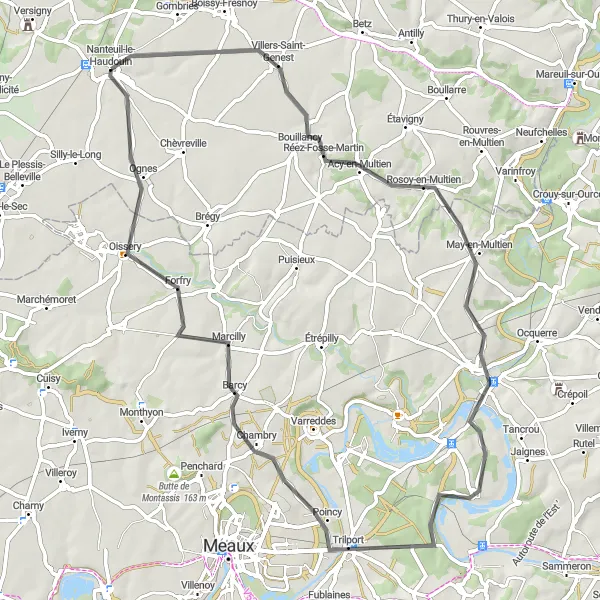 Miniature de la carte de l'inspiration cycliste "Boucle des Châteaux de l'Ourcq" dans la Picardie, France. Générée par le planificateur d'itinéraire cycliste Tarmacs.app