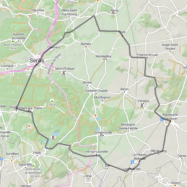 Miniature de la carte de l'inspiration cycliste "Le chemin de Nanteuil-le-Haudouin" dans la Picardie, France. Générée par le planificateur d'itinéraire cycliste Tarmacs.app