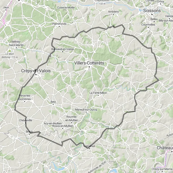 Miniature de la carte de l'inspiration cycliste "Parcours historique de Nanteuil-le-Haudouin" dans la Picardie, France. Générée par le planificateur d'itinéraire cycliste Tarmacs.app