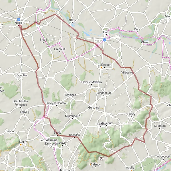 Map miniature of "Gravel Route from Nesle" cycling inspiration in Picardie, France. Generated by Tarmacs.app cycling route planner