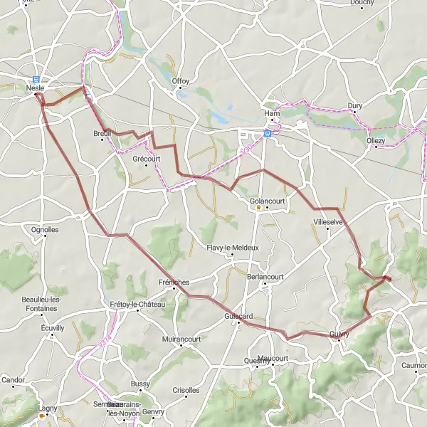 Map miniature of "Gravel Loop: Nesle - Esmery-Hallon - Beaumont-en-Beine - Guivry - Guiscard - Ercheu" cycling inspiration in Picardie, France. Generated by Tarmacs.app cycling route planner