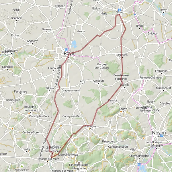 Miniature de la carte de l'inspiration cycliste "Circuit pittoresque autour de Nesle" dans la Picardie, France. Générée par le planificateur d'itinéraire cycliste Tarmacs.app