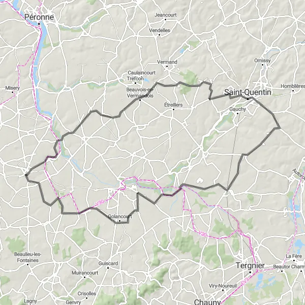 Miniature de la carte de l'inspiration cycliste "Les Châteaux de Picardie" dans la Picardie, France. Générée par le planificateur d'itinéraire cycliste Tarmacs.app