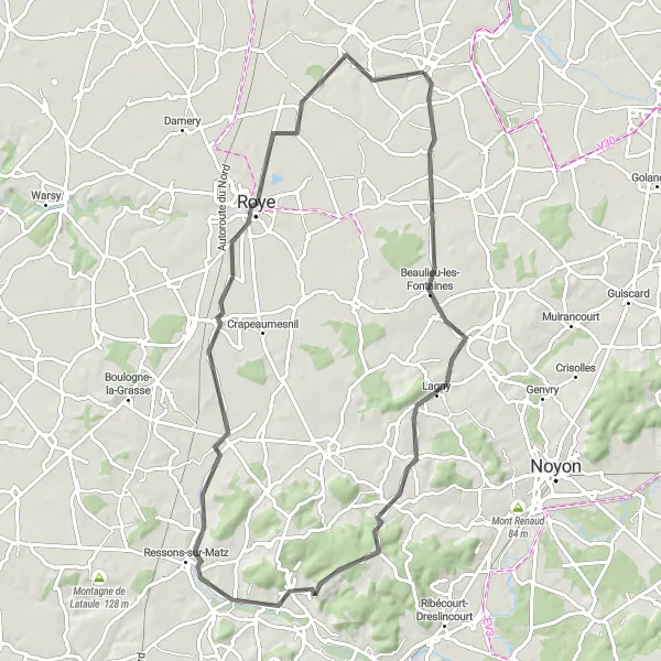 Miniature de la carte de l'inspiration cycliste "La boucle naturelle de Nesle à Herly" dans la Picardie, France. Générée par le planificateur d'itinéraire cycliste Tarmacs.app