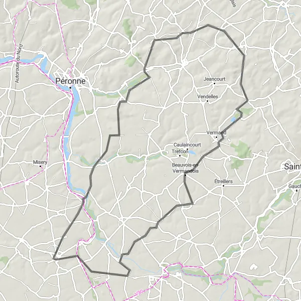 Map miniature of "Nesle to Hombleux Road Loop" cycling inspiration in Picardie, France. Generated by Tarmacs.app cycling route planner