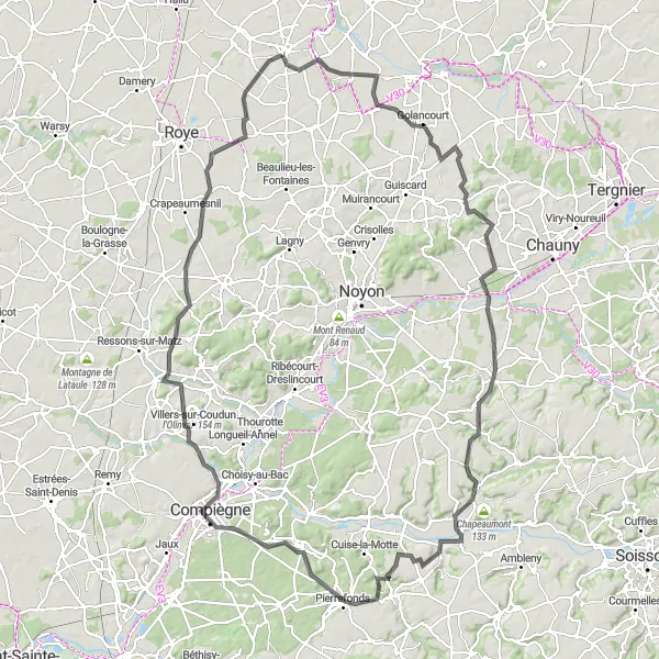 Map miniature of "Epic Road Cycling Adventure: Nesle - Esmery-Hallon - Marest-Dampcourt - Audignicourt - Vic-sur-Aisne - Pierrefonds - Mont d'Arcy - Compiègne - l'Olinval - Canny-sur-Matz - Roiglise - Rethonvillers" cycling inspiration in Picardie, France. Generated by Tarmacs.app cycling route planner