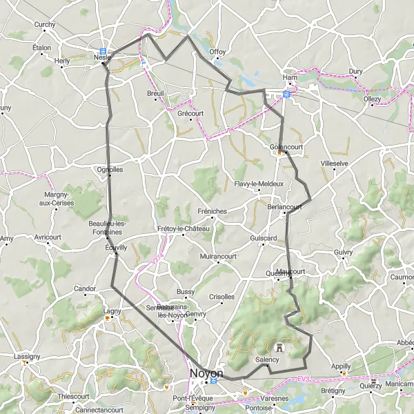 Map miniature of "Eppeville Circuit" cycling inspiration in Picardie, France. Generated by Tarmacs.app cycling route planner