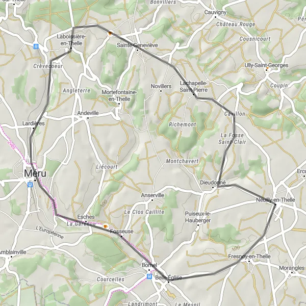 Map miniature of "Scenic Route" cycling inspiration in Picardie, France. Generated by Tarmacs.app cycling route planner