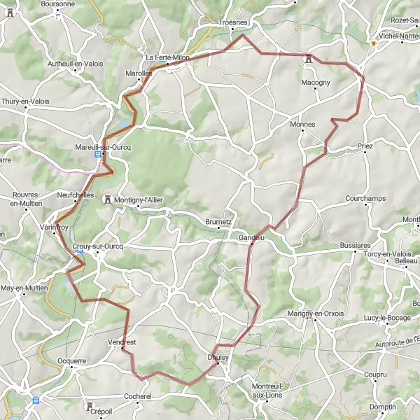 Miniature de la carte de l'inspiration cycliste "Boucle de Gandelu et La Ferté-Milon" dans la Picardie, France. Générée par le planificateur d'itinéraire cycliste Tarmacs.app
