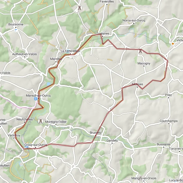 Miniature de la carte de l'inspiration cycliste "La Campagne en Gravel" dans la Picardie, France. Générée par le planificateur d'itinéraire cycliste Tarmacs.app