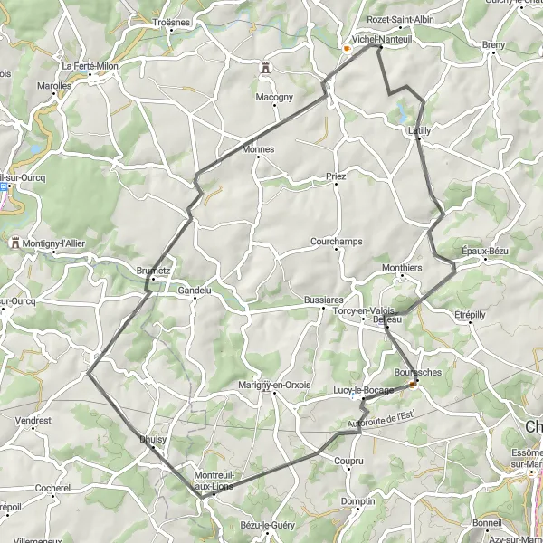 Miniature de la carte de l'inspiration cycliste "Itinéraire de Vichel-Nanteuil à Neuilly-Saint-Front" dans la Picardie, France. Générée par le planificateur d'itinéraire cycliste Tarmacs.app