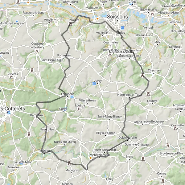 Miniature de la carte de l'inspiration cycliste "Tour de Dampleux à Oulchy-la-Ville" dans la Picardie, France. Générée par le planificateur d'itinéraire cycliste Tarmacs.app