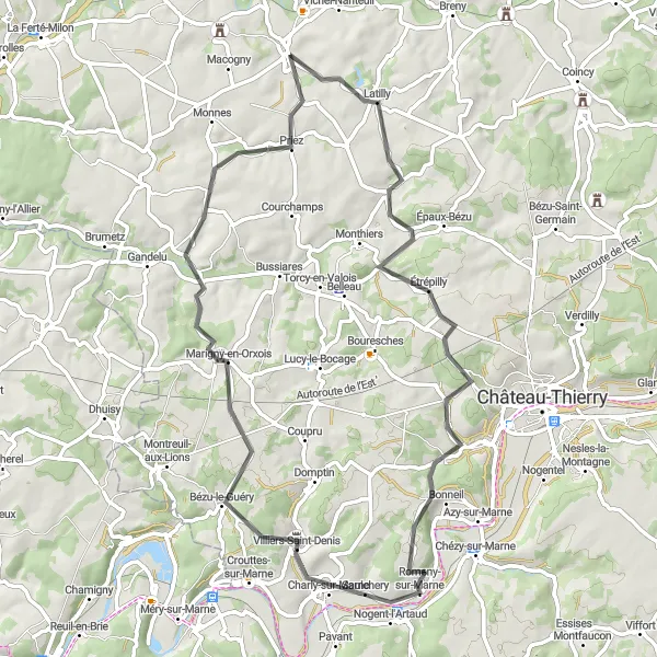 Miniature de la carte de l'inspiration cycliste "Les Collines de l'Aisne en 65km" dans la Picardie, France. Générée par le planificateur d'itinéraire cycliste Tarmacs.app