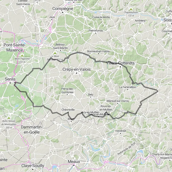 Miniature de la carte de l'inspiration cycliste "Parcours de Dammard à Troësnes" dans la Picardie, France. Générée par le planificateur d'itinéraire cycliste Tarmacs.app