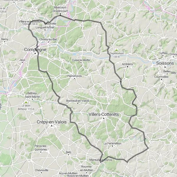 Miniature de la carte de l'inspiration cycliste "L'histoire de l'Ourcq en 140km" dans la Picardie, France. Générée par le planificateur d'itinéraire cycliste Tarmacs.app