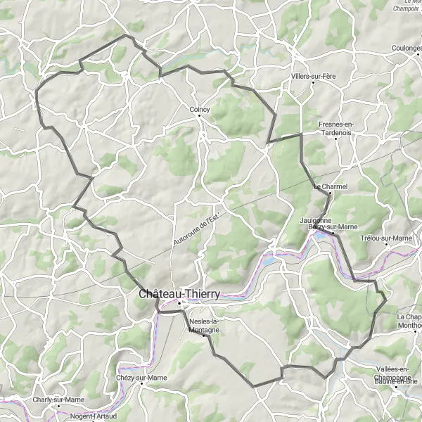 Miniature de la carte de l'inspiration cycliste "Les charmes de la Brie en 93km" dans la Picardie, France. Générée par le planificateur d'itinéraire cycliste Tarmacs.app