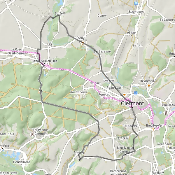 Map miniature of "The Scenic Road" cycling inspiration in Picardie, France. Generated by Tarmacs.app cycling route planner