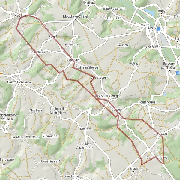 Miniature de la carte de l'inspiration cycliste "Boucle champêtre autour de Noailles" dans la Picardie, France. Générée par le planificateur d'itinéraire cycliste Tarmacs.app