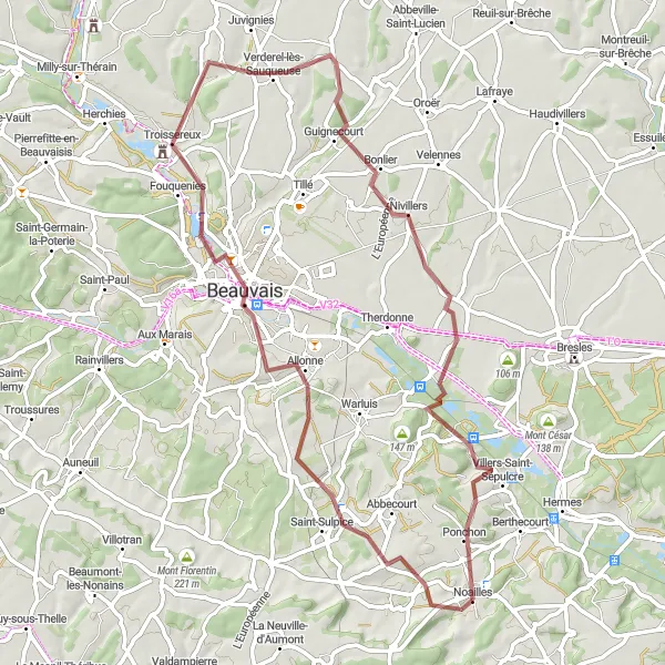 Miniature de la carte de l'inspiration cycliste "Les collines de Picardie" dans la Picardie, France. Générée par le planificateur d'itinéraire cycliste Tarmacs.app