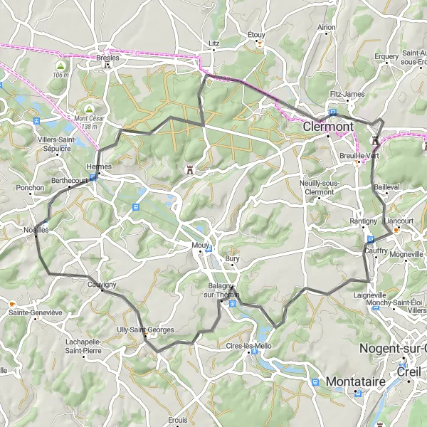 Miniature de la carte de l'inspiration cycliste "Route pittoresque à travers l'Oise" dans la Picardie, France. Générée par le planificateur d'itinéraire cycliste Tarmacs.app