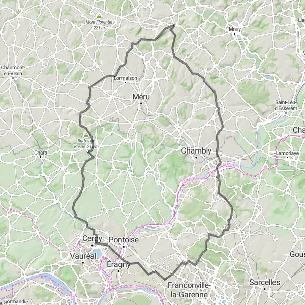 Miniature de la carte de l'inspiration cycliste "Défi des Côtes de l'Oise" dans la Picardie, France. Générée par le planificateur d'itinéraire cycliste Tarmacs.app
