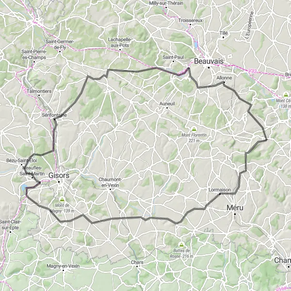 Miniature de la carte de l'inspiration cycliste "Tour de Route des Villages" dans la Picardie, France. Générée par le planificateur d'itinéraire cycliste Tarmacs.app