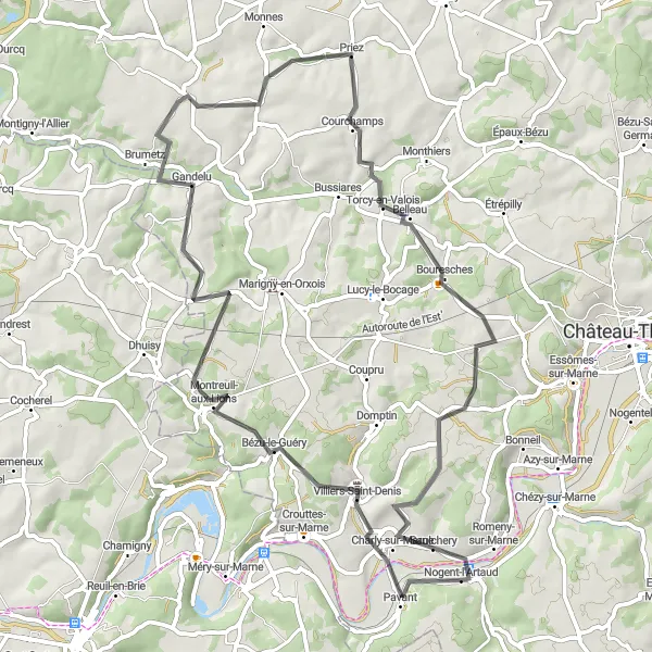 Miniature de la carte de l'inspiration cycliste "Les Villages de l'Aisne" dans la Picardie, France. Générée par le planificateur d'itinéraire cycliste Tarmacs.app
