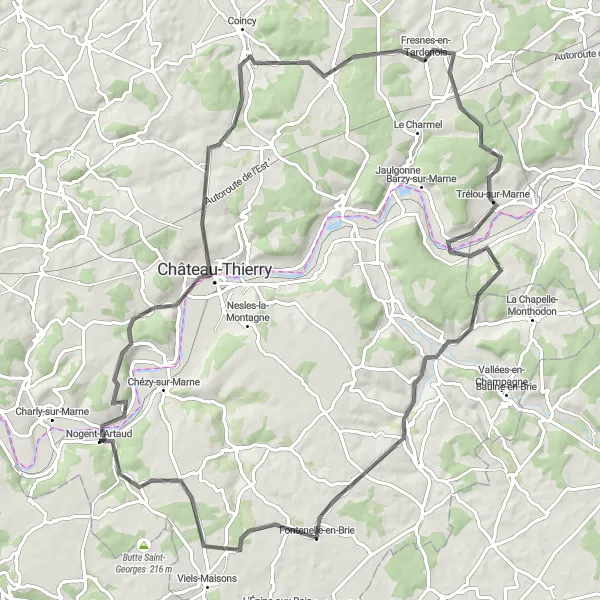 Miniature de la carte de l'inspiration cycliste "La Vallée de la Marne" dans la Picardie, France. Générée par le planificateur d'itinéraire cycliste Tarmacs.app