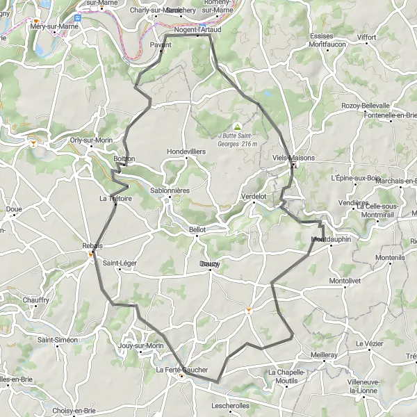 Map miniature of "Explore the Hidden Treasures of Viels-Maisons and La Ferté-Gaucher" cycling inspiration in Picardie, France. Generated by Tarmacs.app cycling route planner