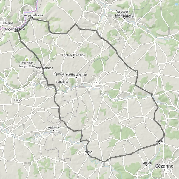 Miniature de la carte de l'inspiration cycliste "La Boucle des Villages de l'Esternay" dans la Picardie, France. Générée par le planificateur d'itinéraire cycliste Tarmacs.app