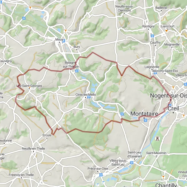 Miniature de la carte de l'inspiration cycliste "Parcours Gravel et Nature" dans la Picardie, France. Générée par le planificateur d'itinéraire cycliste Tarmacs.app