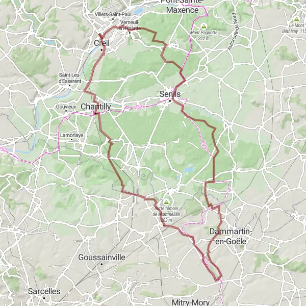 Map miniature of "Verneuil-en-Halatte to Creil Gravel Route" cycling inspiration in Picardie, France. Generated by Tarmacs.app cycling route planner