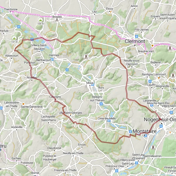 Miniature de la carte de l'inspiration cycliste "Exploration des chemins de l'Oise" dans la Picardie, France. Générée par le planificateur d'itinéraire cycliste Tarmacs.app