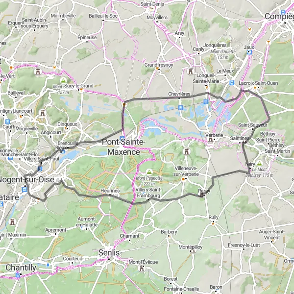 Miniature de la carte de l'inspiration cycliste "Escapade en Vallée de l'Oise" dans la Picardie, France. Générée par le planificateur d'itinéraire cycliste Tarmacs.app