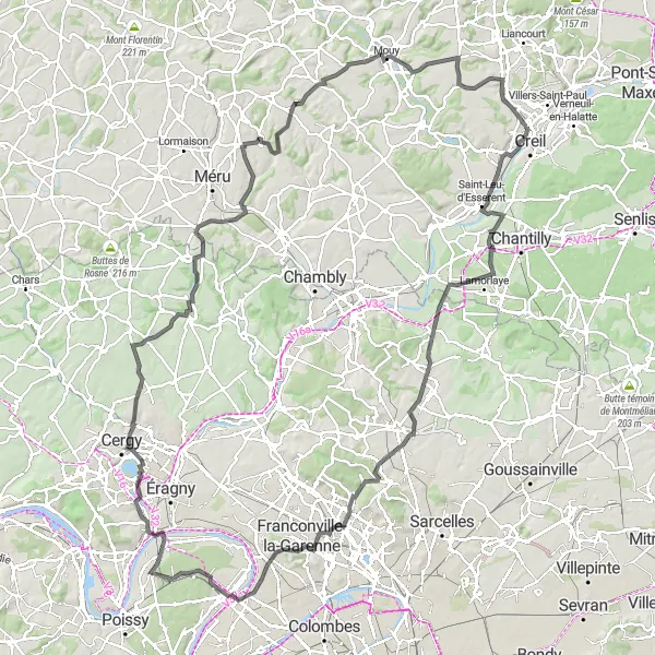 Miniature de la carte de l'inspiration cycliste "Découverte des châteaux de l'Oise" dans la Picardie, France. Générée par le planificateur d'itinéraire cycliste Tarmacs.app