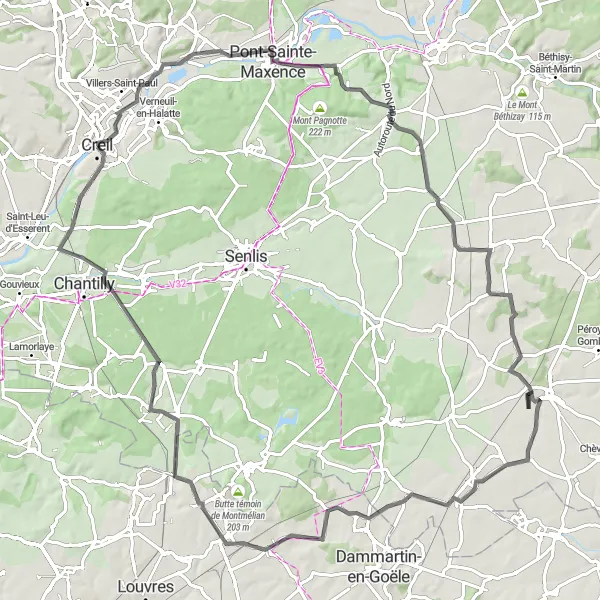 Map miniature of "Creil to Château de Chantilly Road Route" cycling inspiration in Picardie, France. Generated by Tarmacs.app cycling route planner